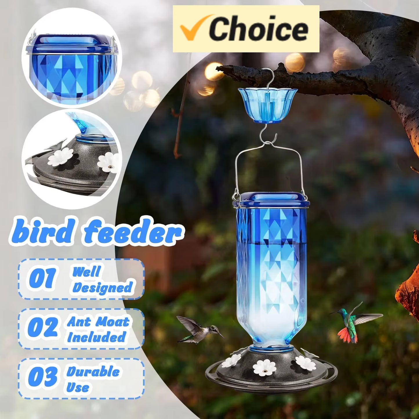 SkyBloom Glass Hummingbird Feeder – Elegant 6-Port Nectar Feeder with Ant Moat
